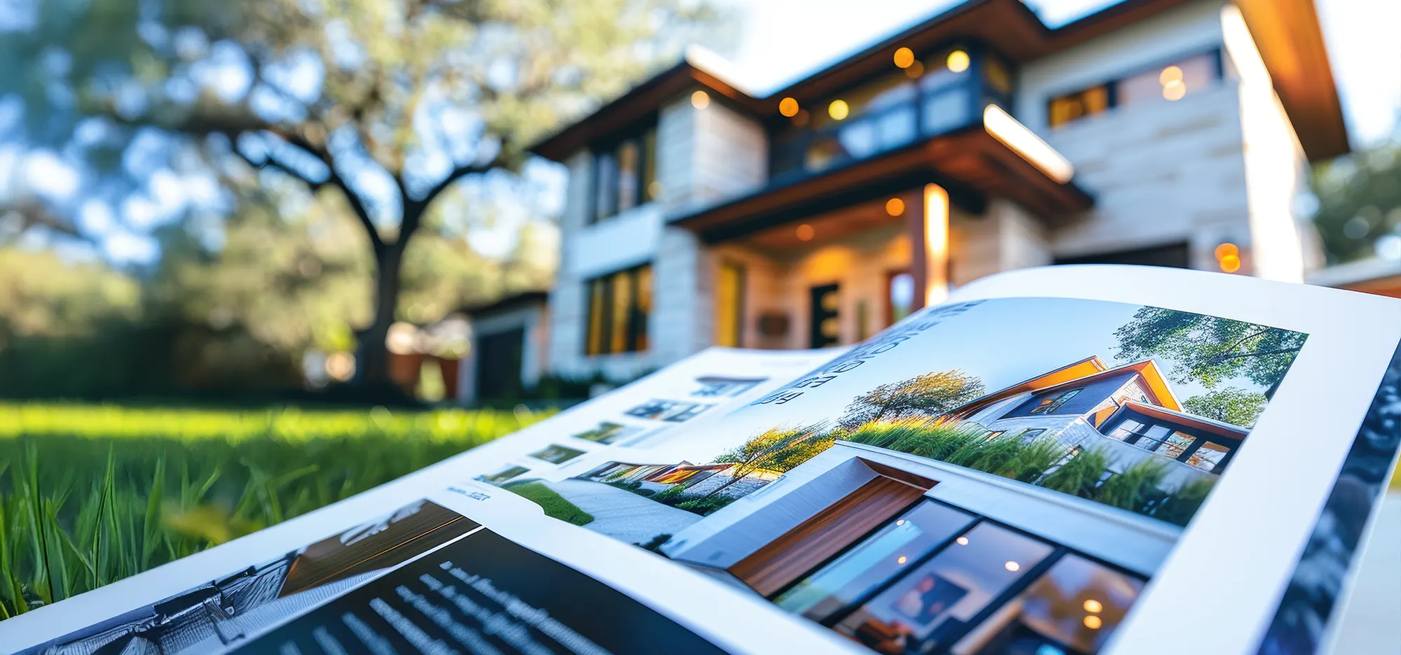 Immobilien-Exposé vor einem modernen Wohnhaus