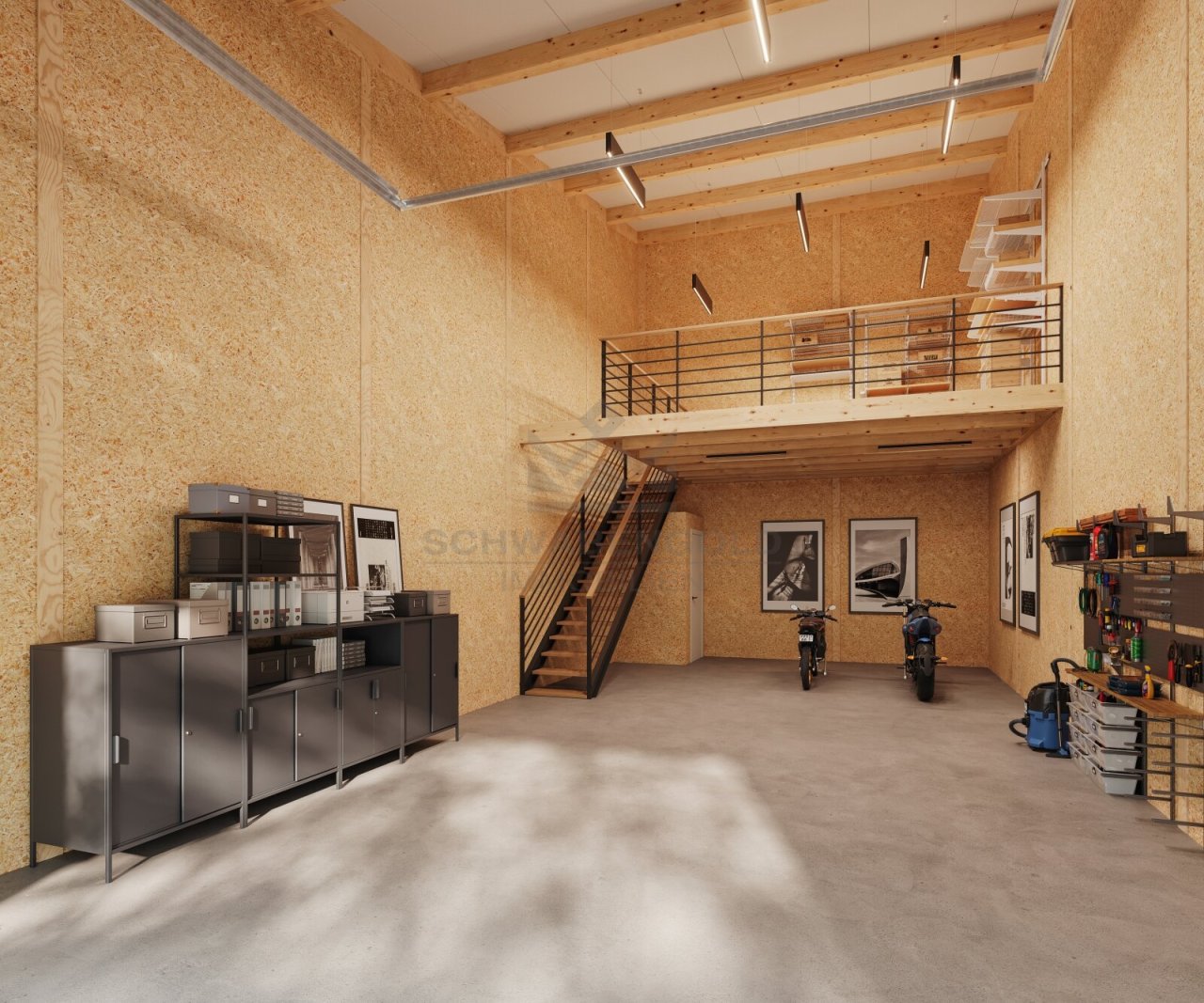 **Miete: Neubau moderner Gewerbe- und Lagerflächen im Gewerbepark Straß** (003-023) — Innenansicht / Visualisiert