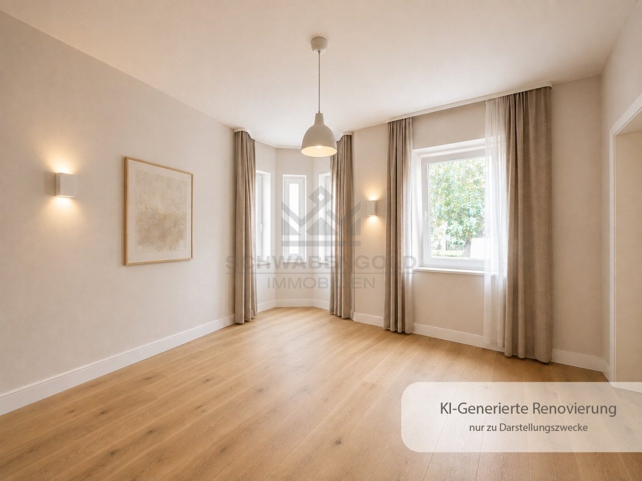 Architektonisches Juwel im Herzen von Illertissen – Verleihen Sie diesem außergewöhnlichen Dreifamilienhaus neuen Glanz (003-046) — EG Wonzimmer - Digital Renoviert zu Darstellungszwecke