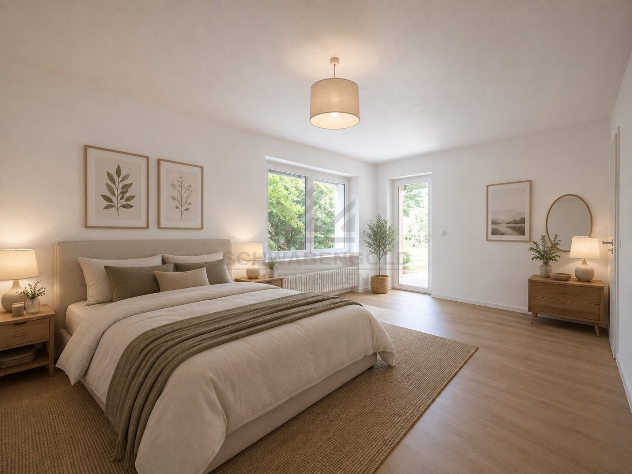Fast wie ein eigenes Haus: 4,5 Zimmer mit Privatgarten, Garage &amp; frisch renoviert in Günzburg (003-047) — Schlafzimmer mit KI möbeliert zu Darstellungszwecke